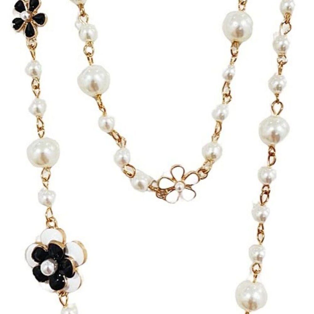 Designer Imitation Pearl Neckalce Camellia Flower Number 5 Long Layered Charm Sw